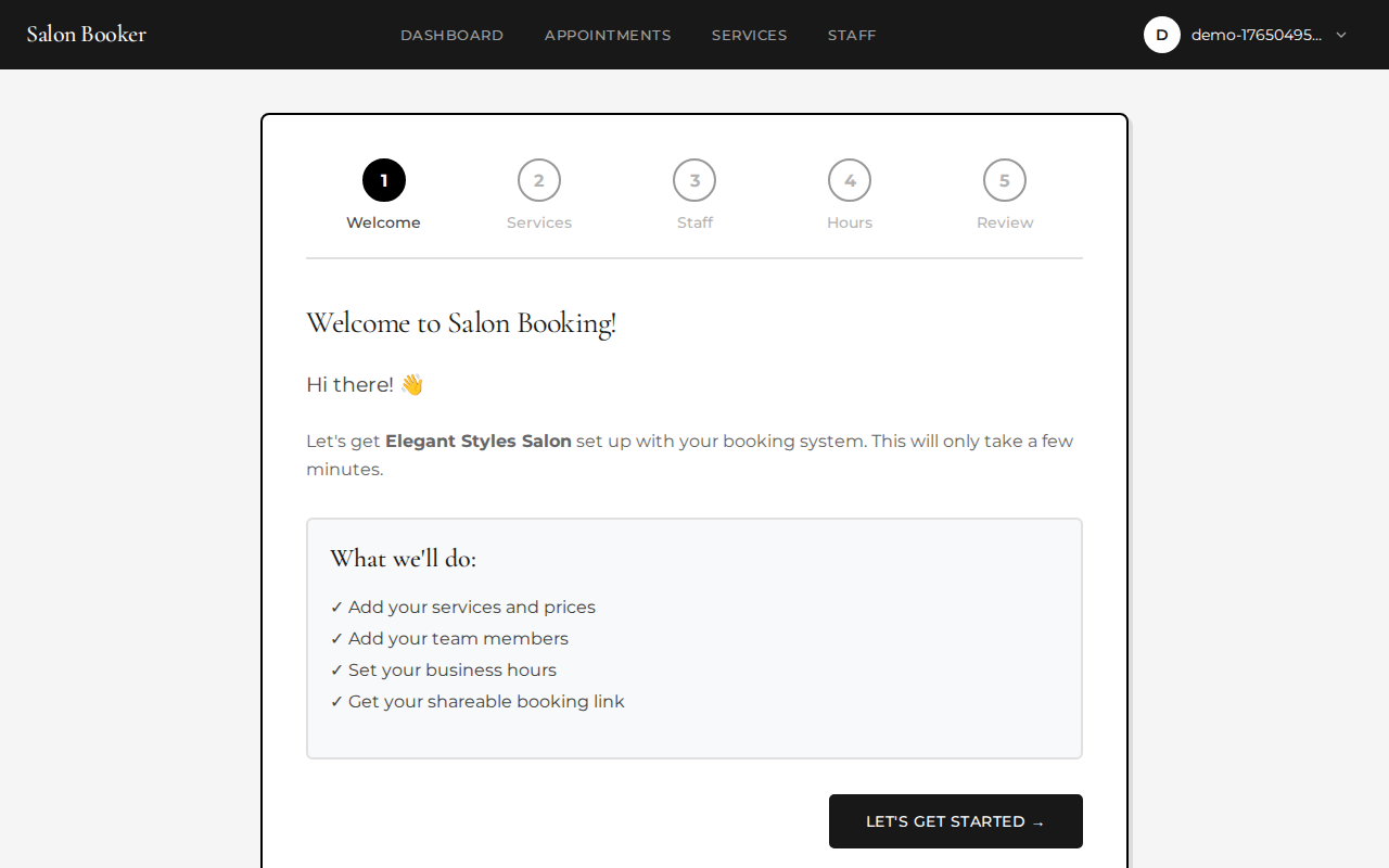 Appointments page showing list of bookings
