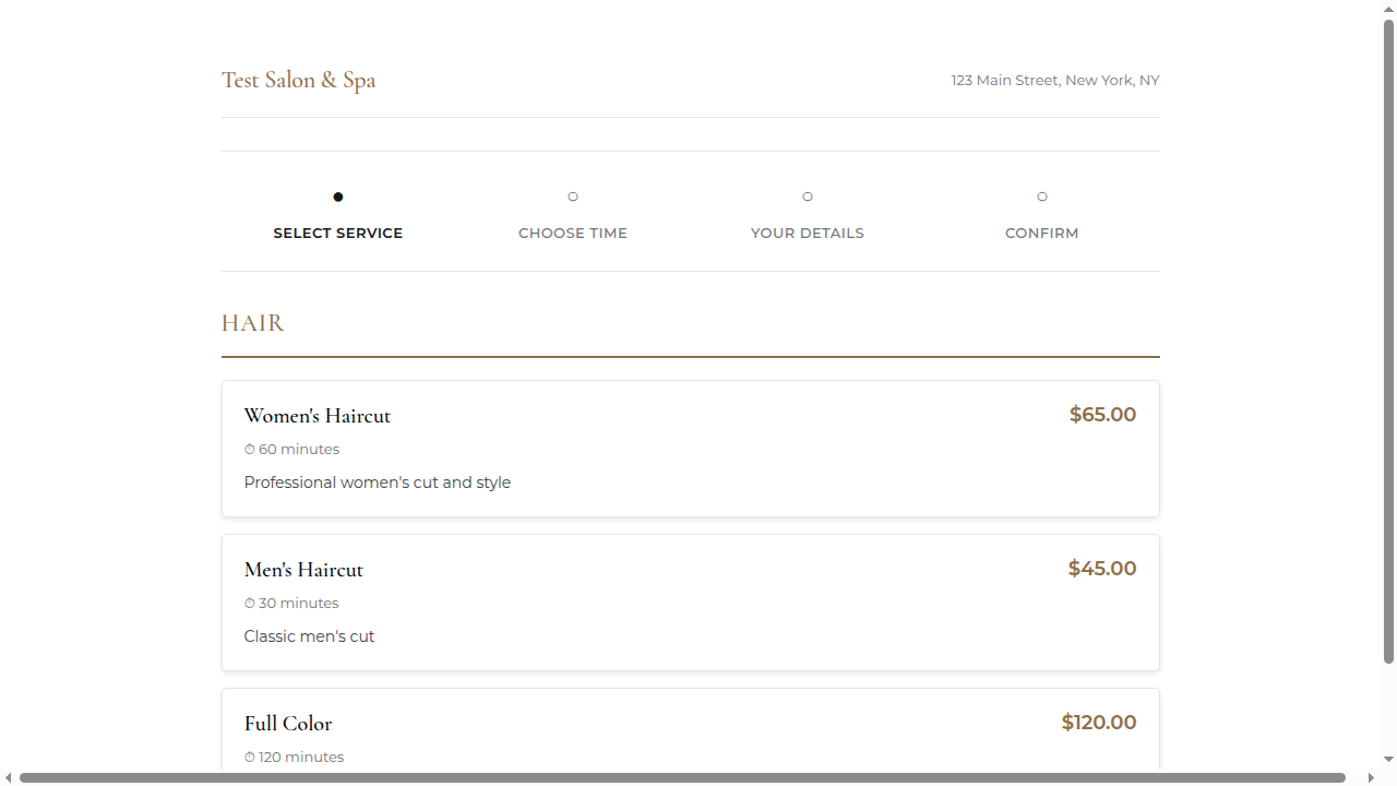 Client booking page showing service selection