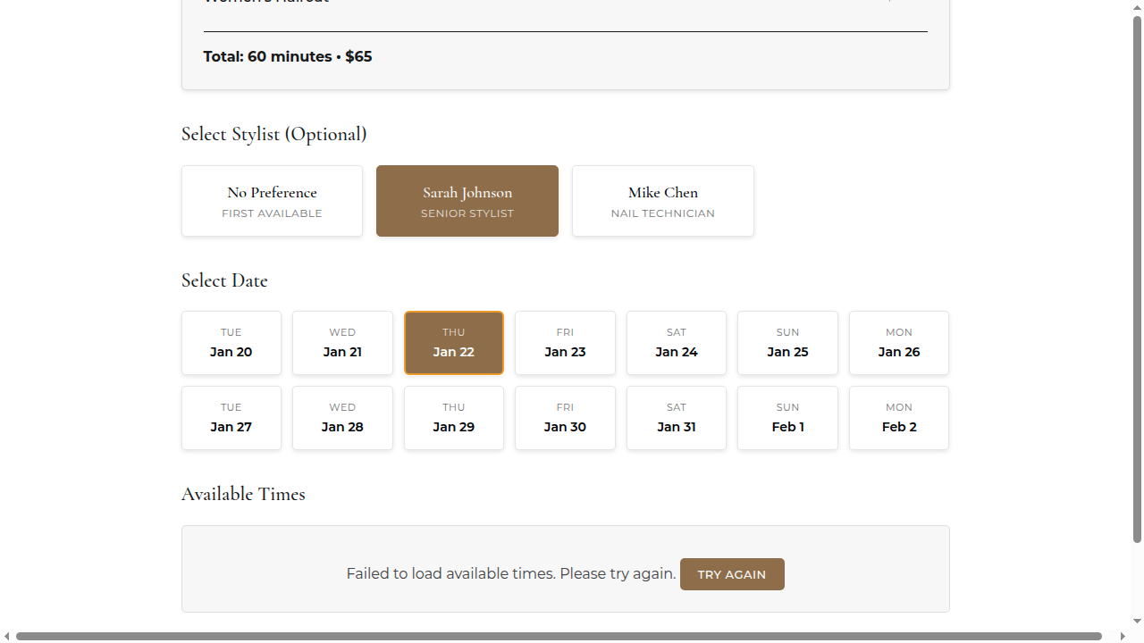 Client booking page showing time slot selection