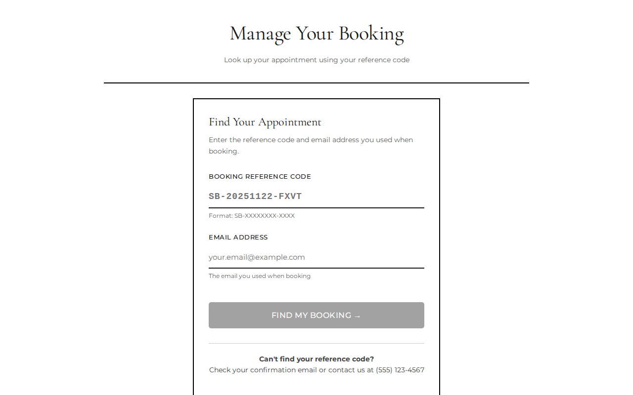 Manage booking lookup page
