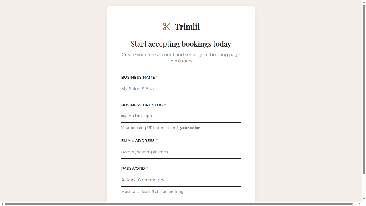 Trimlii signup page showing the account creation form